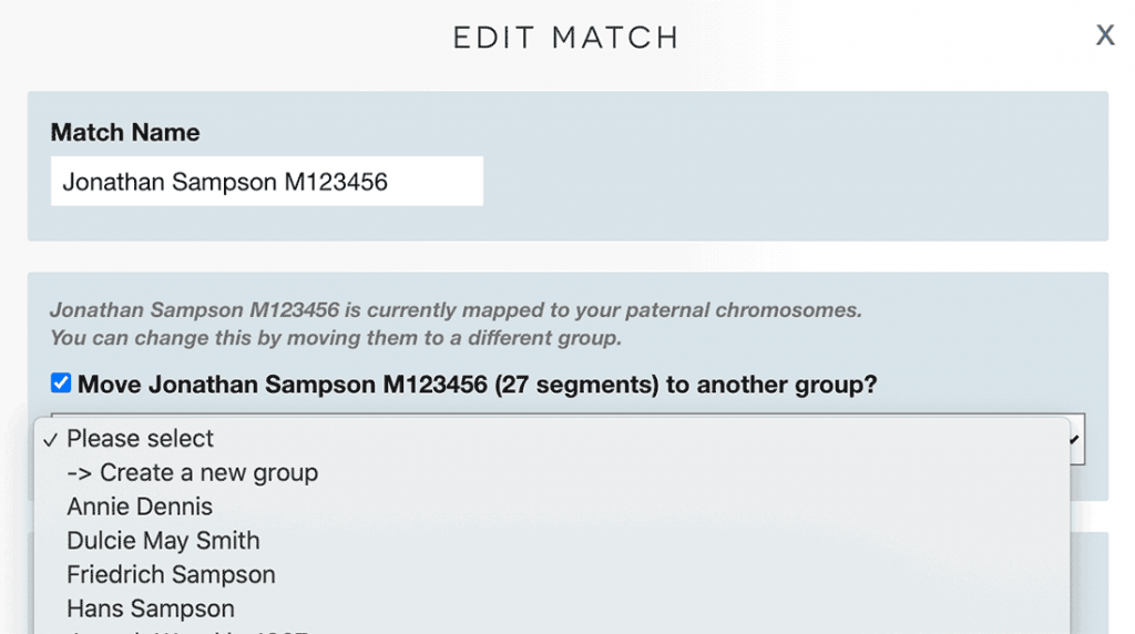 Edit match form at DNA Painter